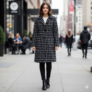 NVLT Black White Monochrome Plaid Stylish Heavyweight Mid Length Coat Size L